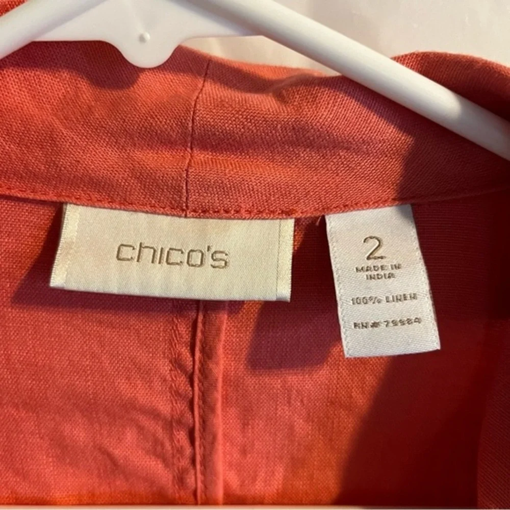Chicos 100% Linen Ruched‎ Coral Pink Open Cardigan Size Large Casual Lightweight